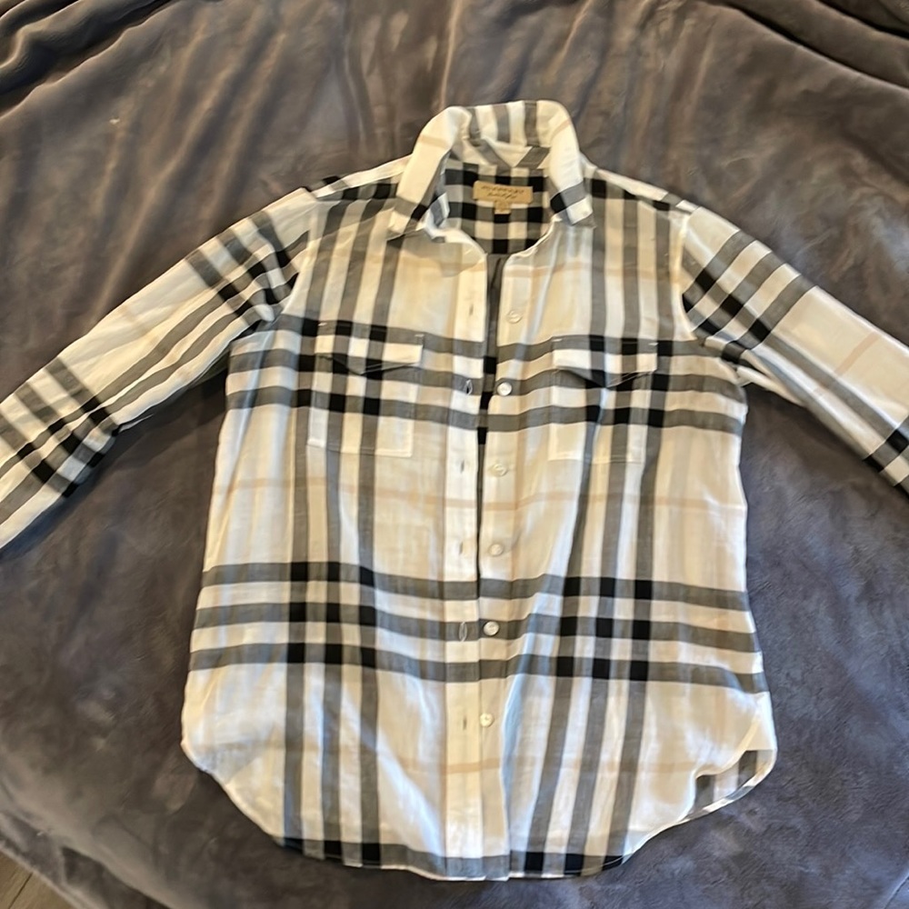 Burberry white plaid button up shirt.